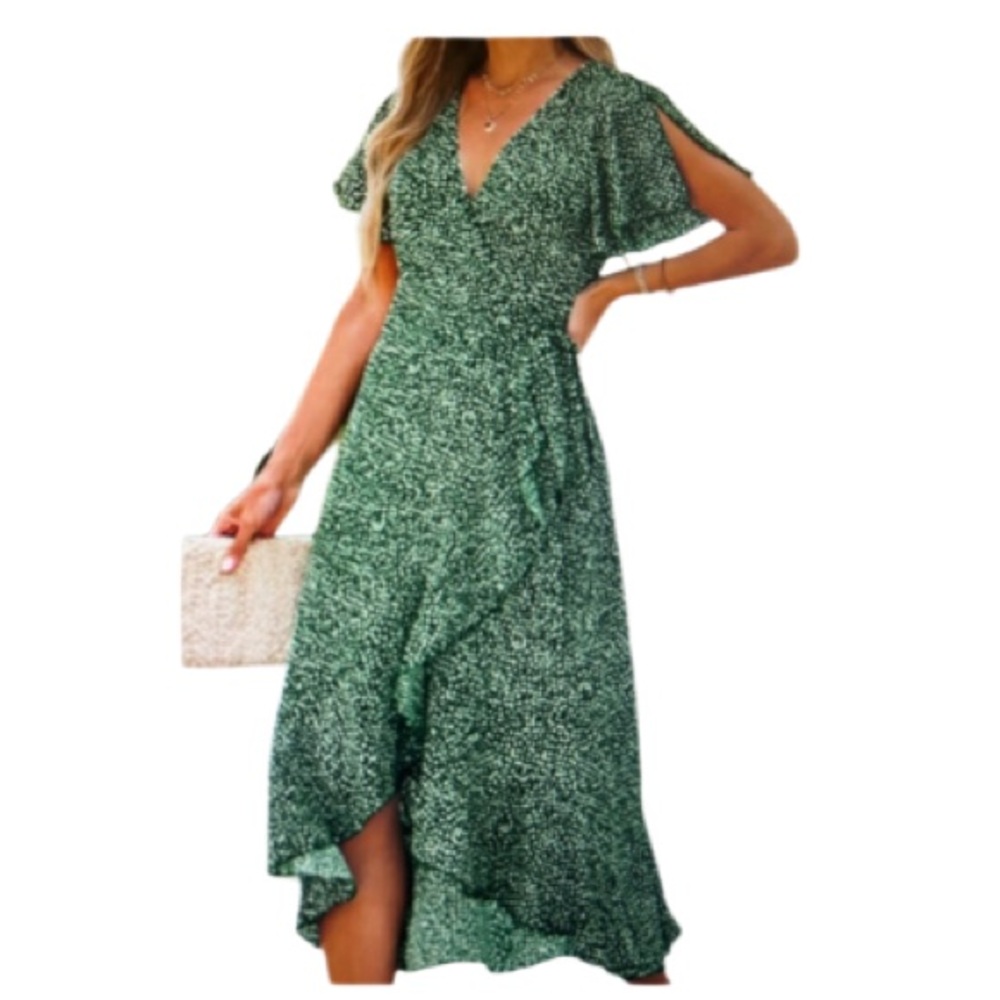 Cupshe Flared Sleeve Green and White Speckled Wrap Dress XL NWT